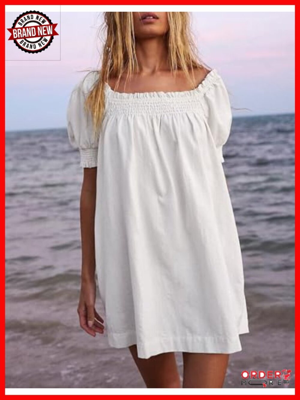 A-Line Square Neck Puff Sleeve Summer Mini Dress with Pockets - Picture 5 of 6